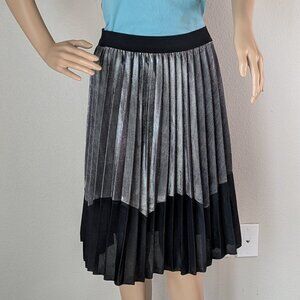 ANGIE Metallic Midi Pleated Skirt Women's Large Black Silver Elastic Waist NWT
